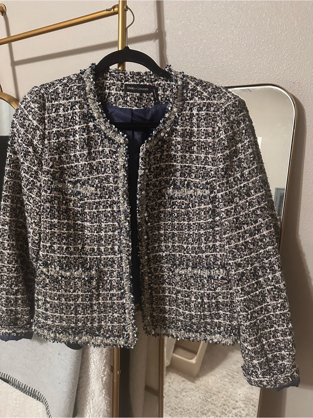Stella + Lorenzo Navy and White Tweed Crop Jacket